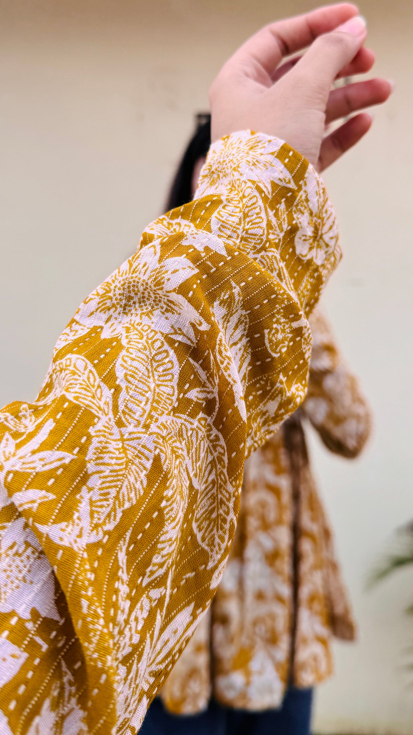 Cotton Katha Yellow Flared Printed Aliacut Peplum Top