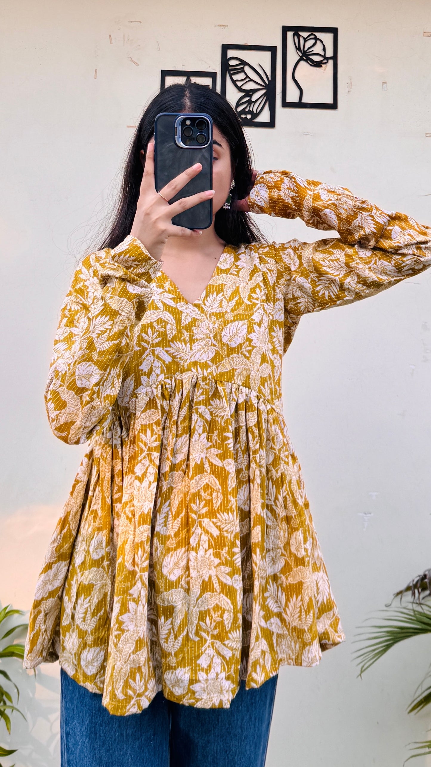 Cotton Katha Yellow Flared Printed Aliacut Peplum Top