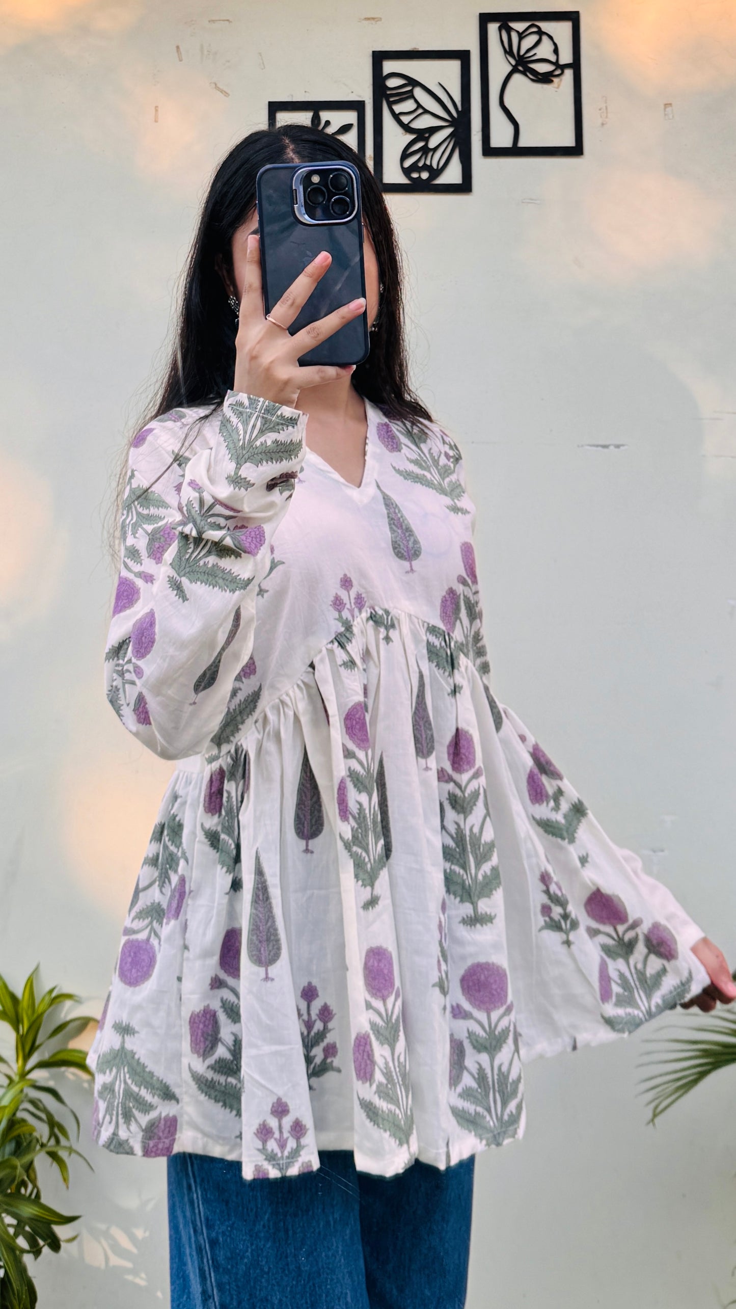 Cotton White Flared Printed Aliacut Peplum Top