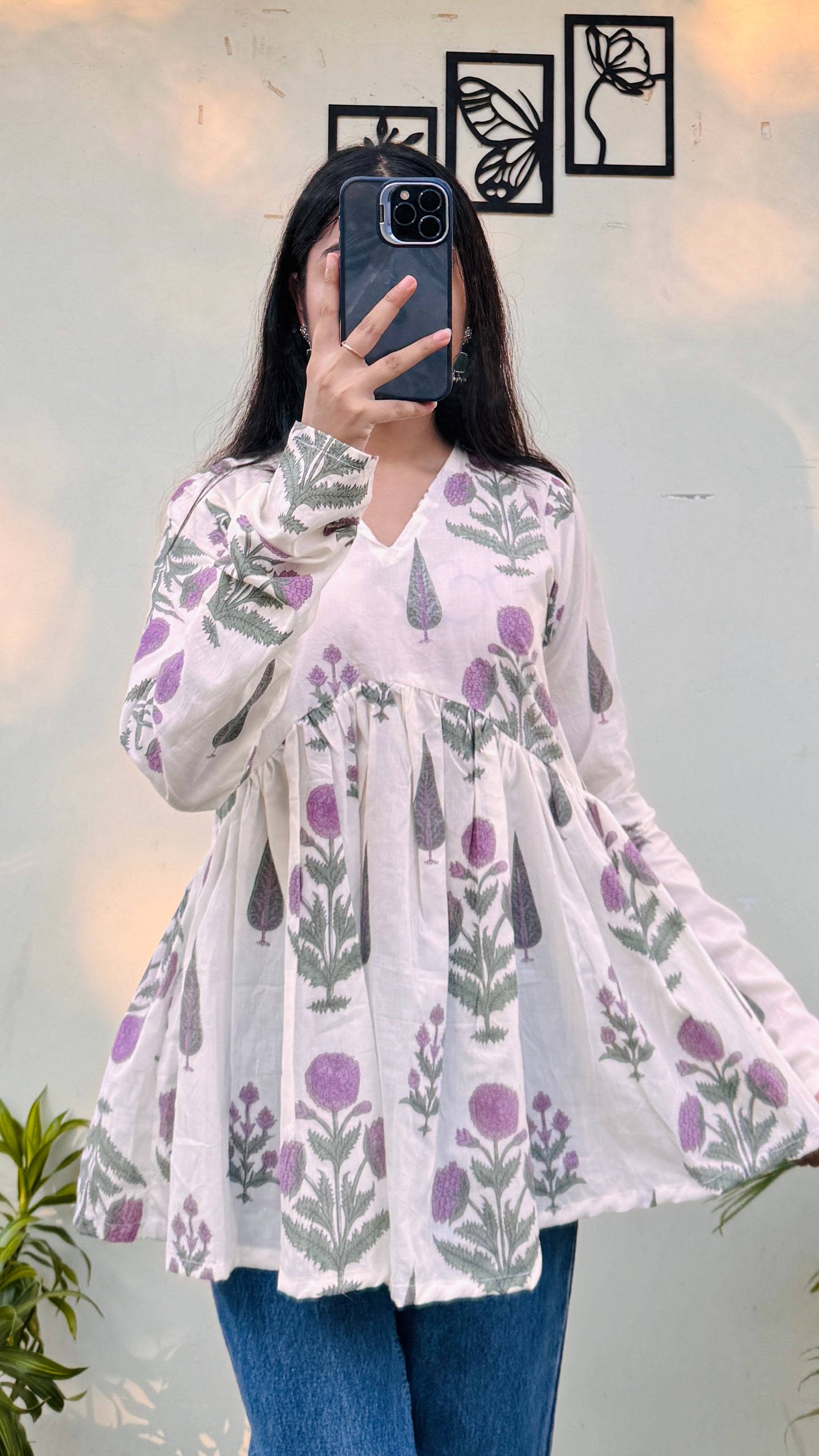 Cotton White Flared Printed Aliacut Peplum Top