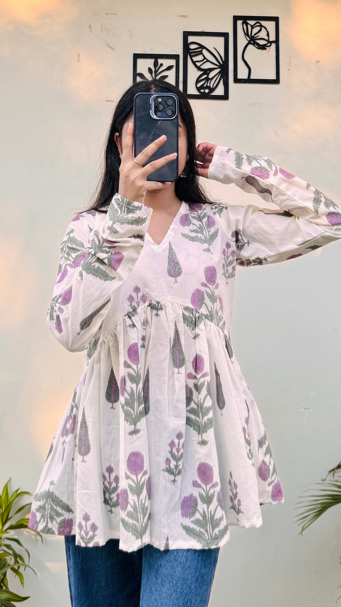 Cotton White Flared Printed Aliacut Peplum Top