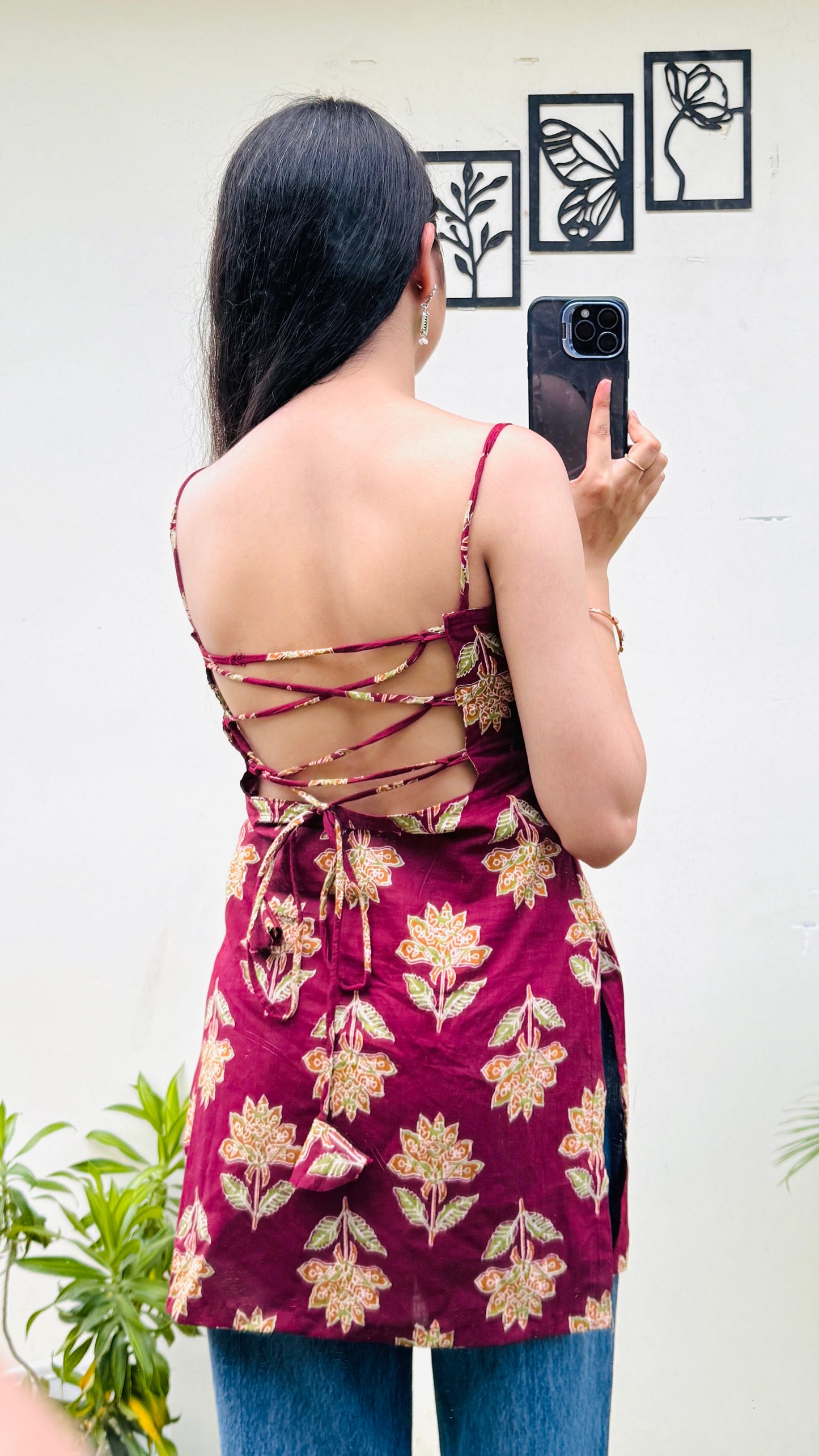 Cotton Maroon Padded Corset Back Short Kurti