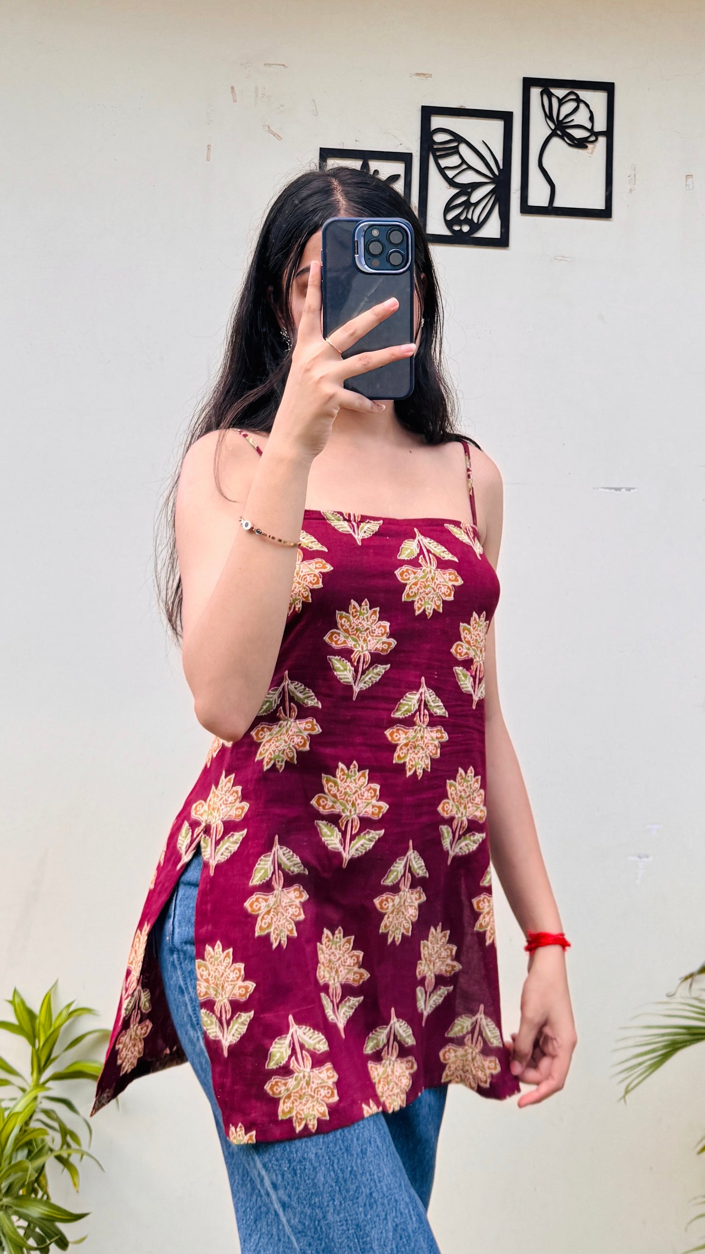 Cotton Maroon Padded Corset Back Short Kurti