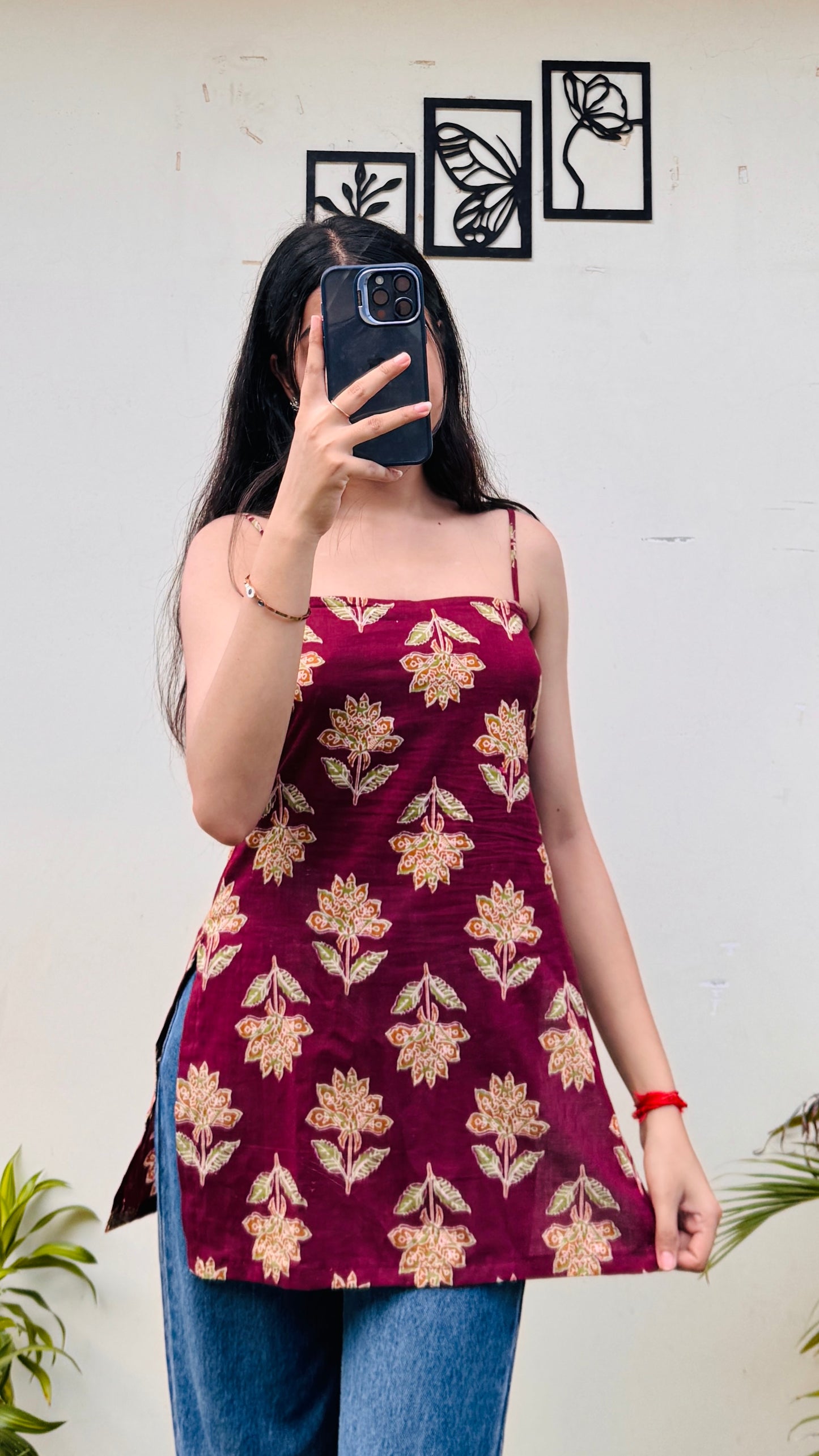 Cotton Maroon Padded Corset Back Short Kurti
