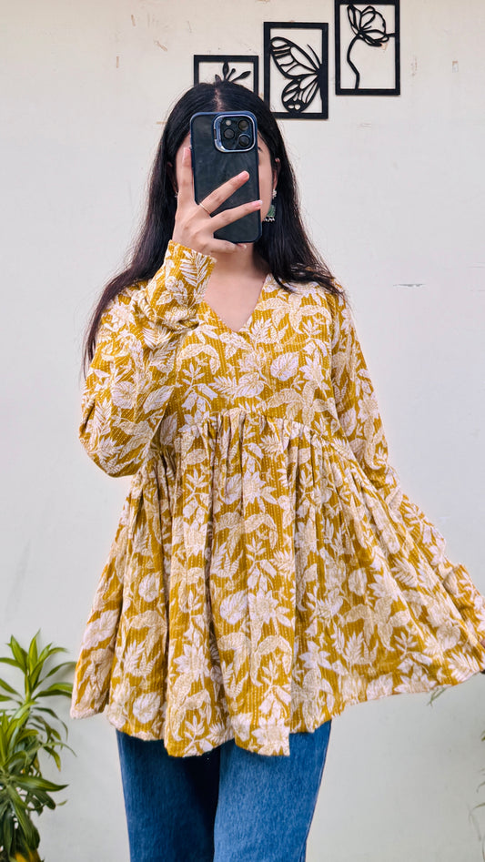 Cotton Katha Yellow Flared Printed Aliacut Peplum Top