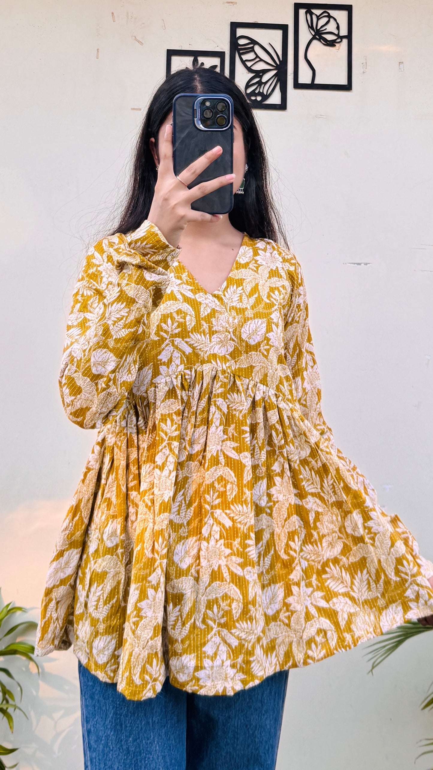 Cotton Katha Yellow Flared Printed Aliacut Peplum Top