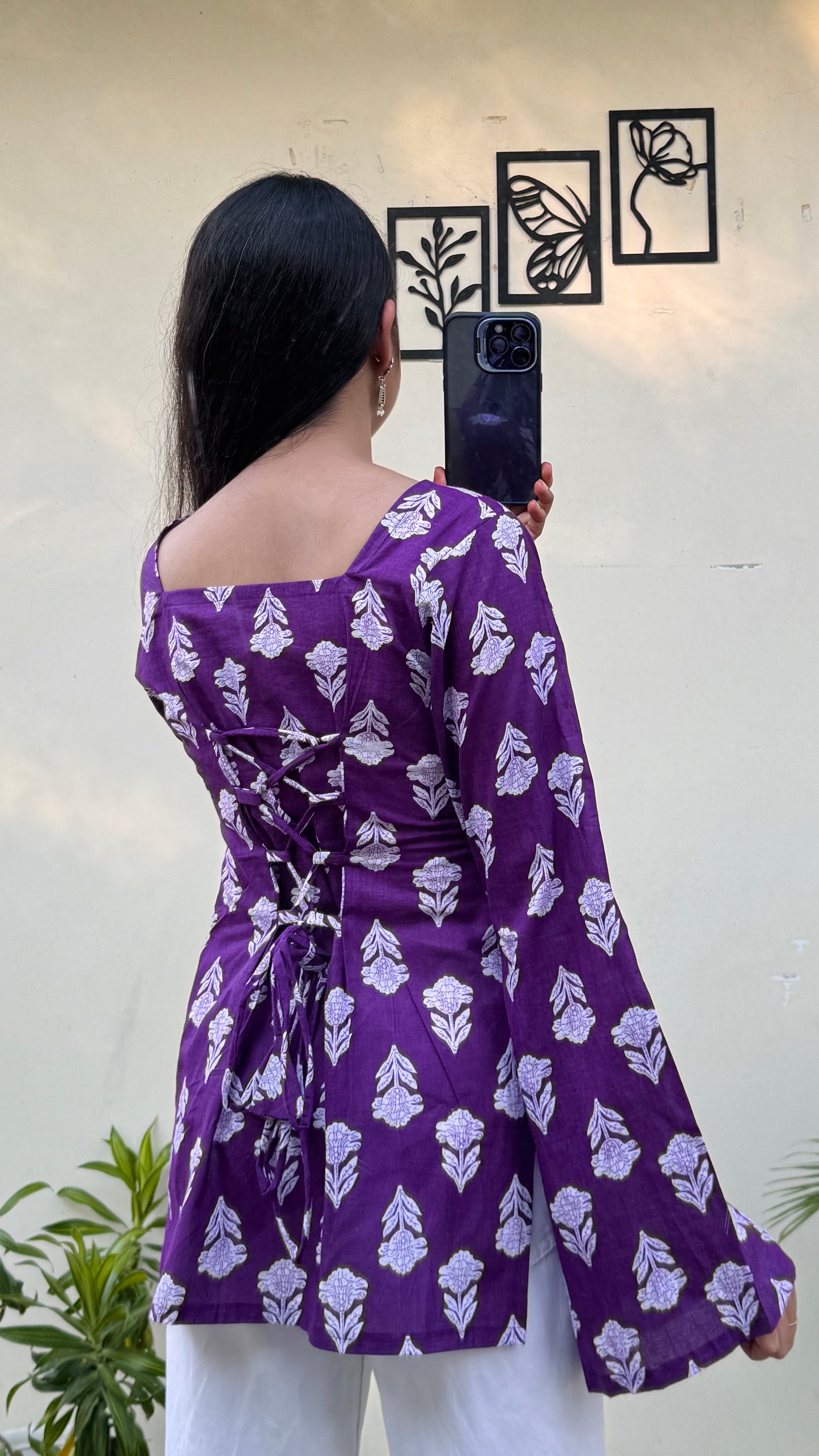 Cotton Square Neck Corset Back Short Kurti