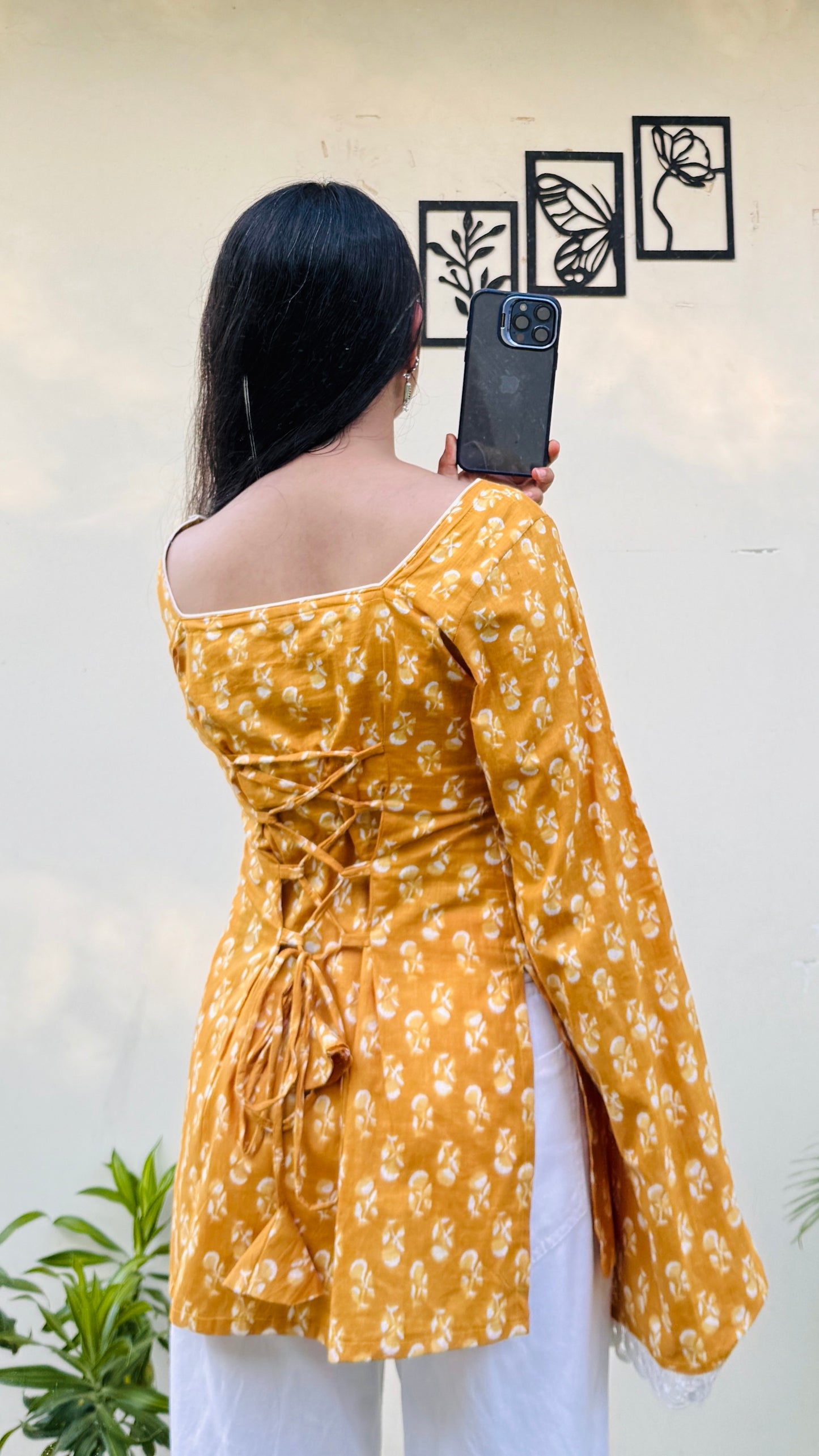 Cotton Square Neck Corset Back Short Kurti