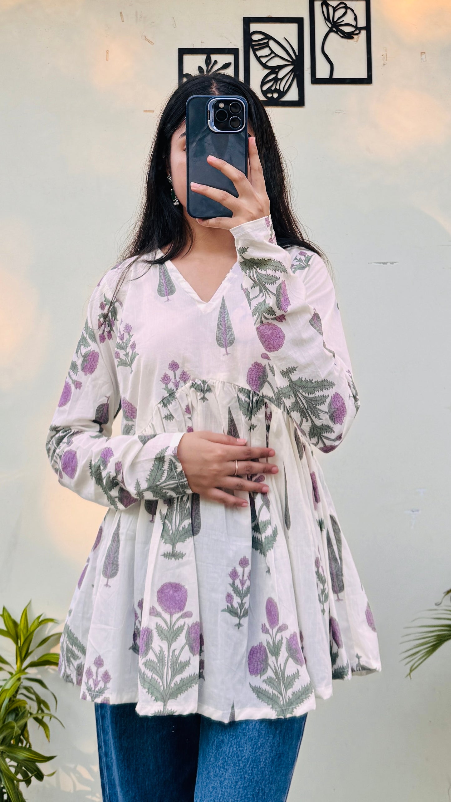 Cotton White Flared Printed Aliacut Peplum Top