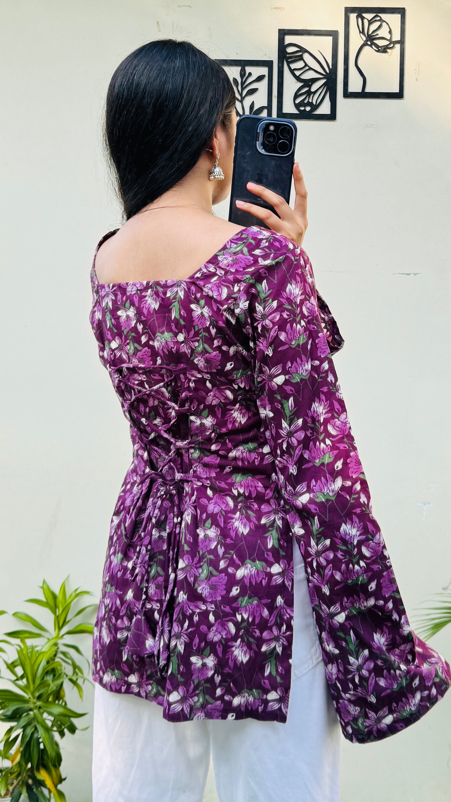 Cotton Wine Square Neck Corset Back Short Kurti