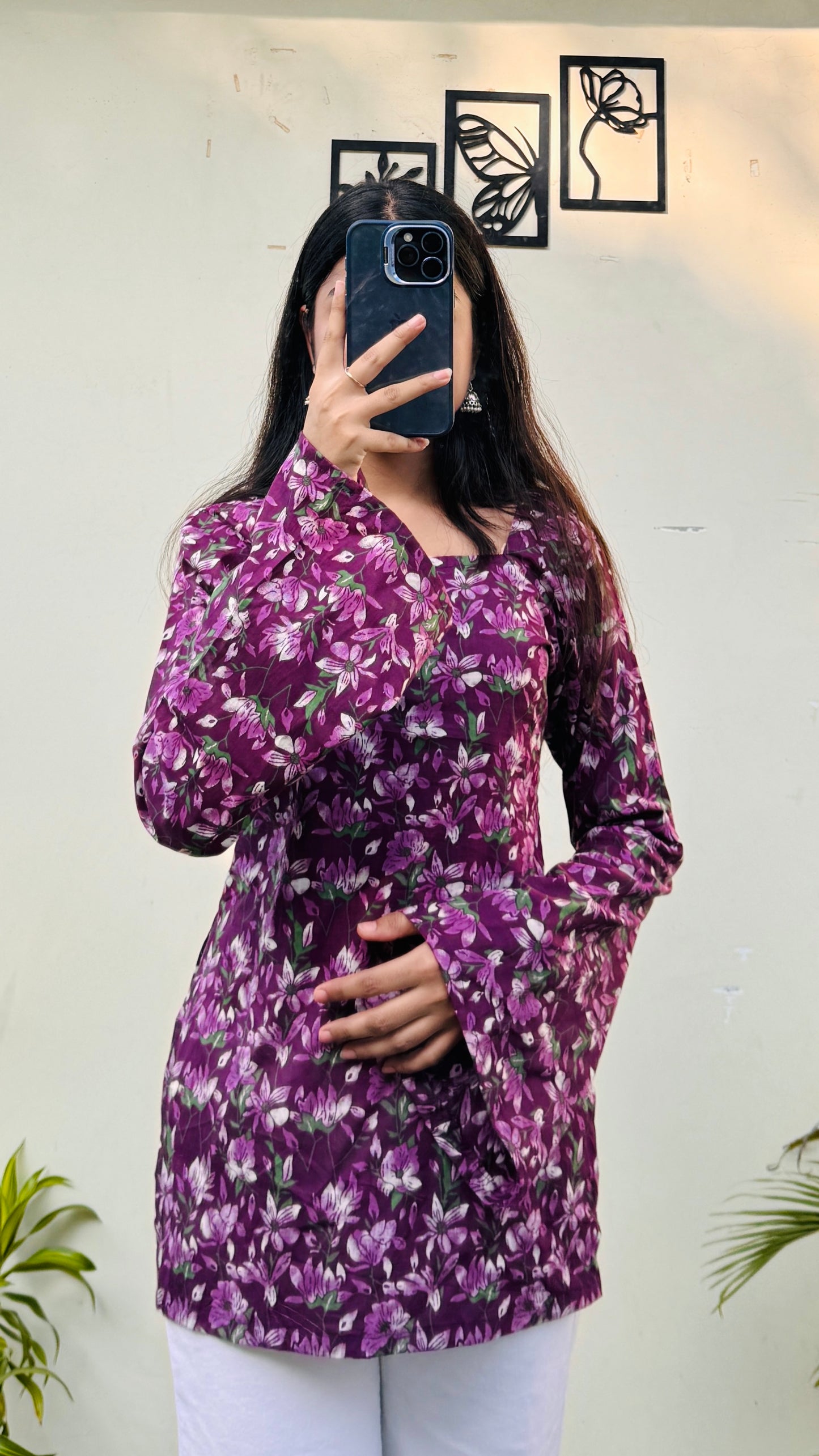 Cotton Wine Square Neck Corset Back Short Kurti