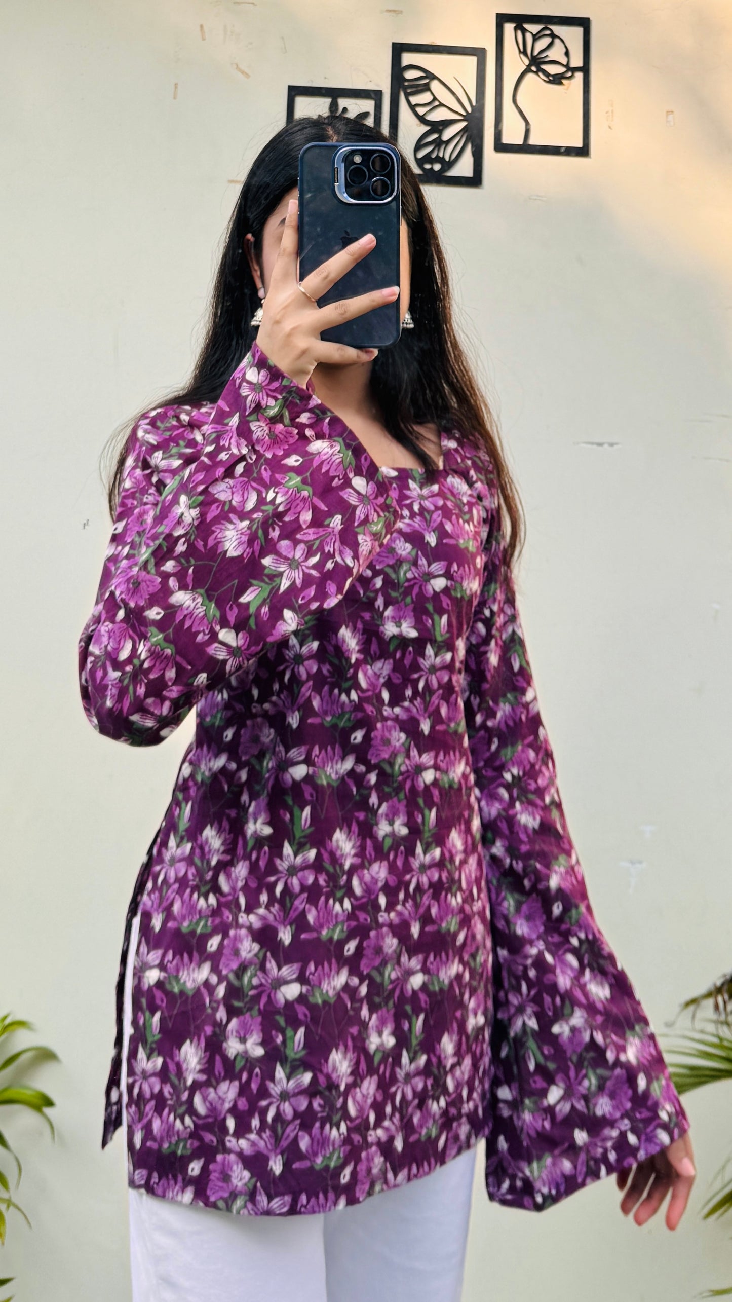 Cotton Wine Square Neck Corset Back Short Kurti