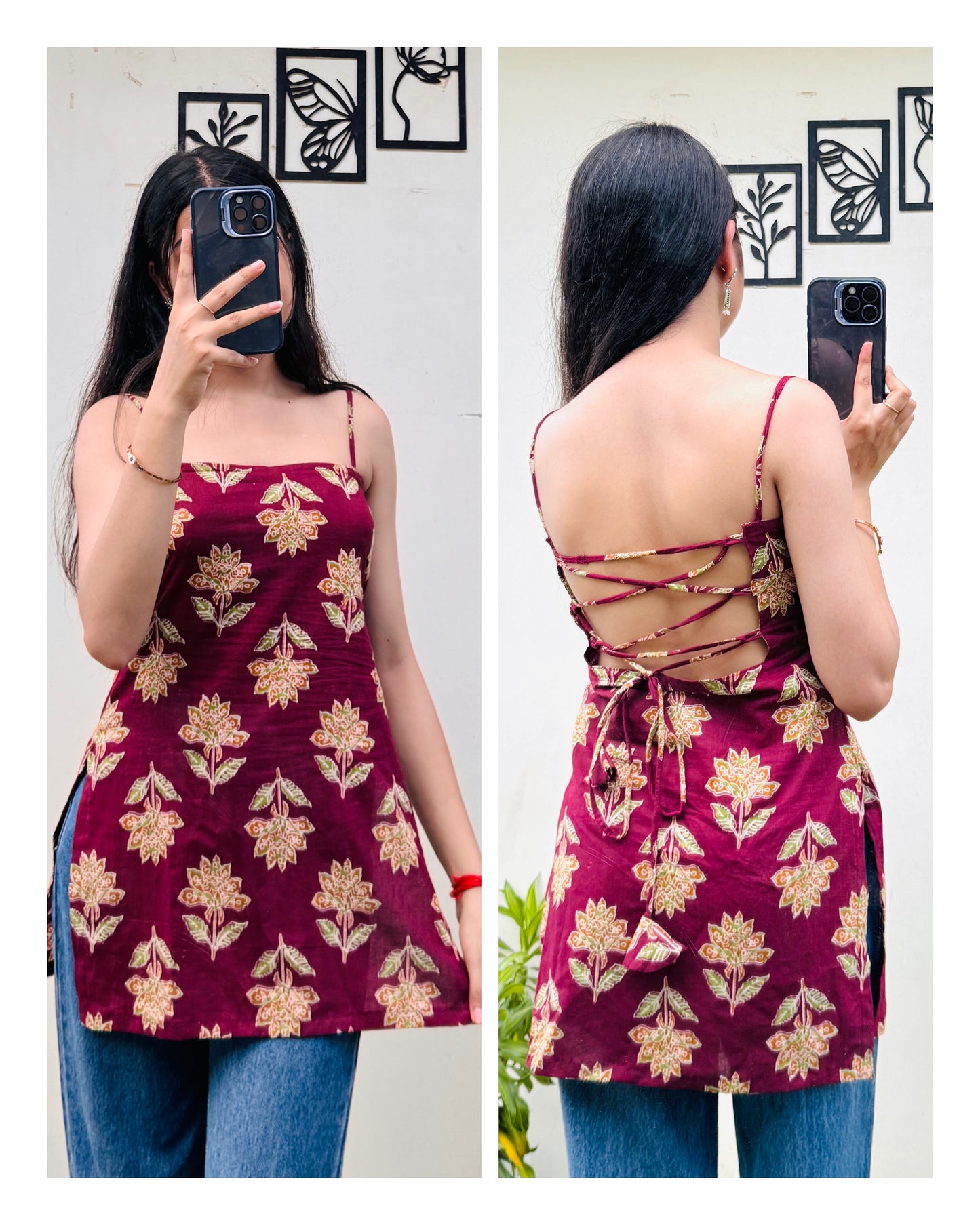 Cotton Maroon Padded Corset Back Short Kurti