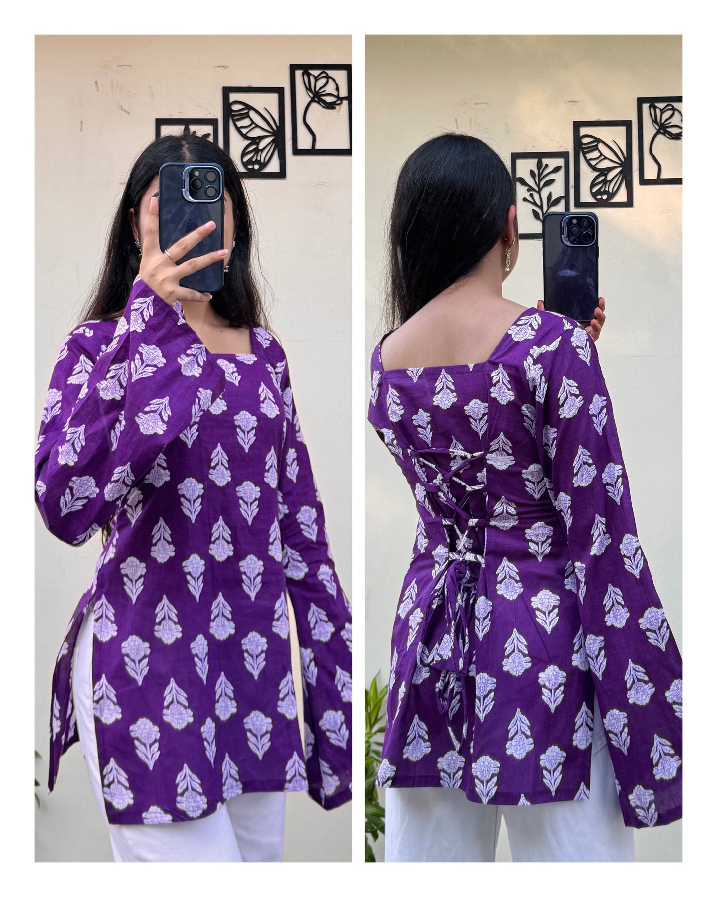 Cotton Square Neck Corset Back Short Kurti