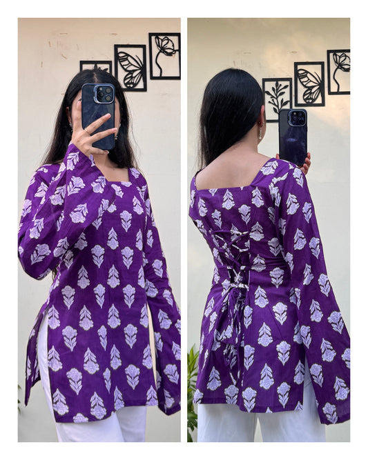 Cotton Square Neck Corset Back Short Kurti