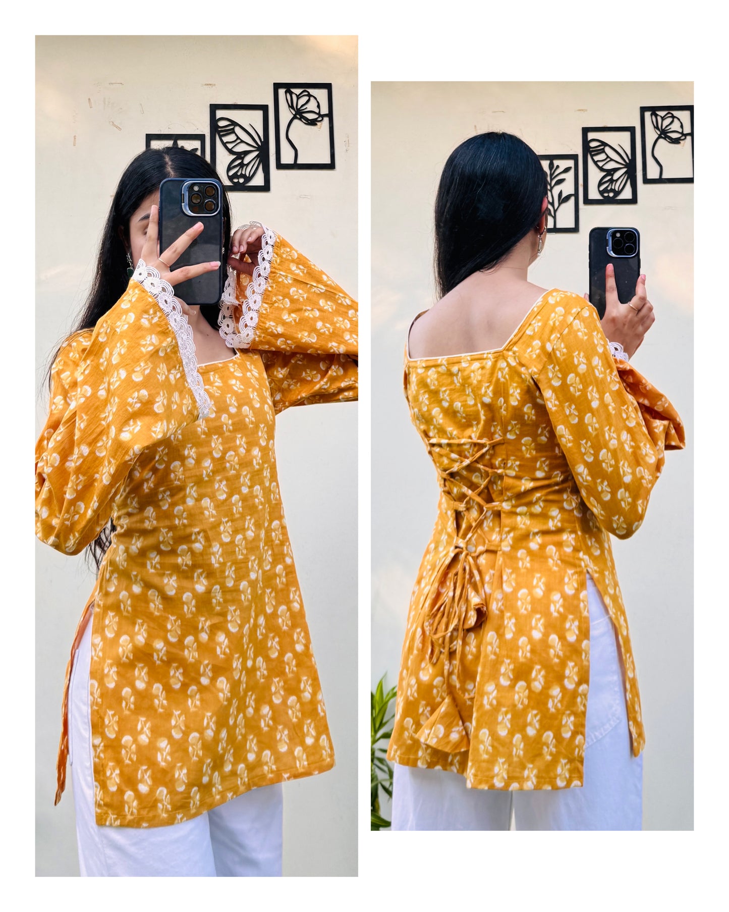 Cotton Square Neck Corset Back Short Kurti