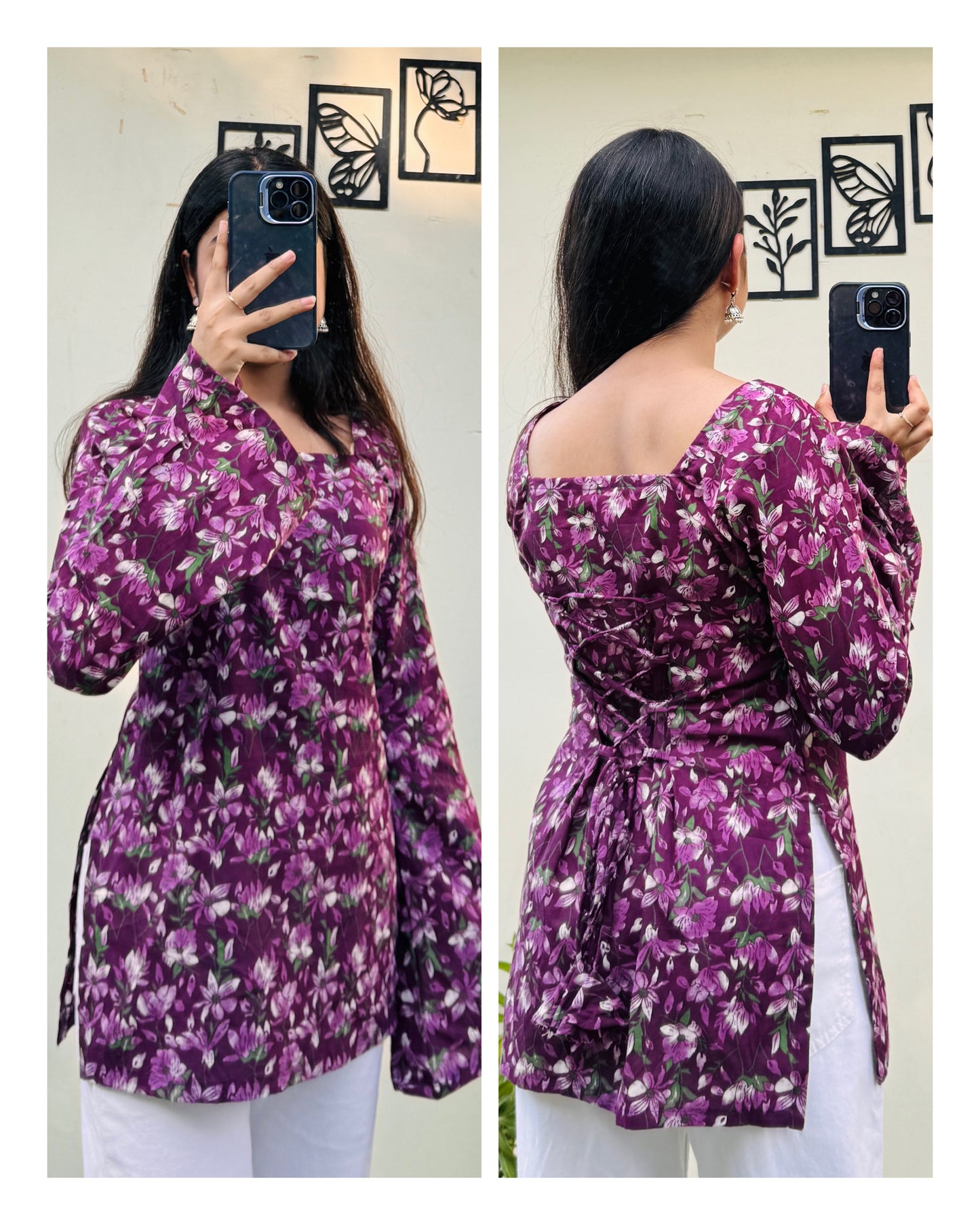 Cotton Wine Square Neck Corset Back Short Kurti