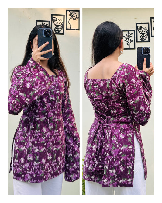 Cotton Wine Square Neck Corset Back Short Kurti