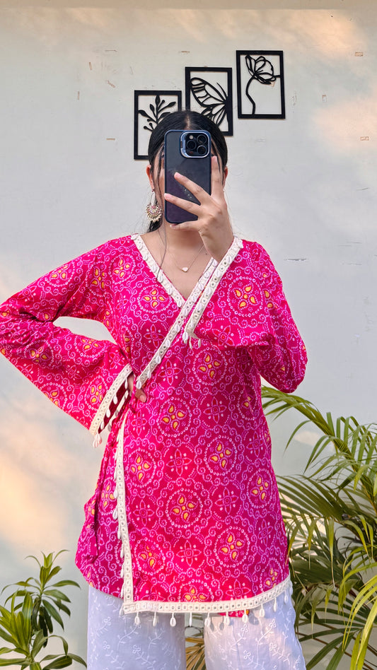 Cotton Bandhani Print Shells Detailing Angrakha Kurti