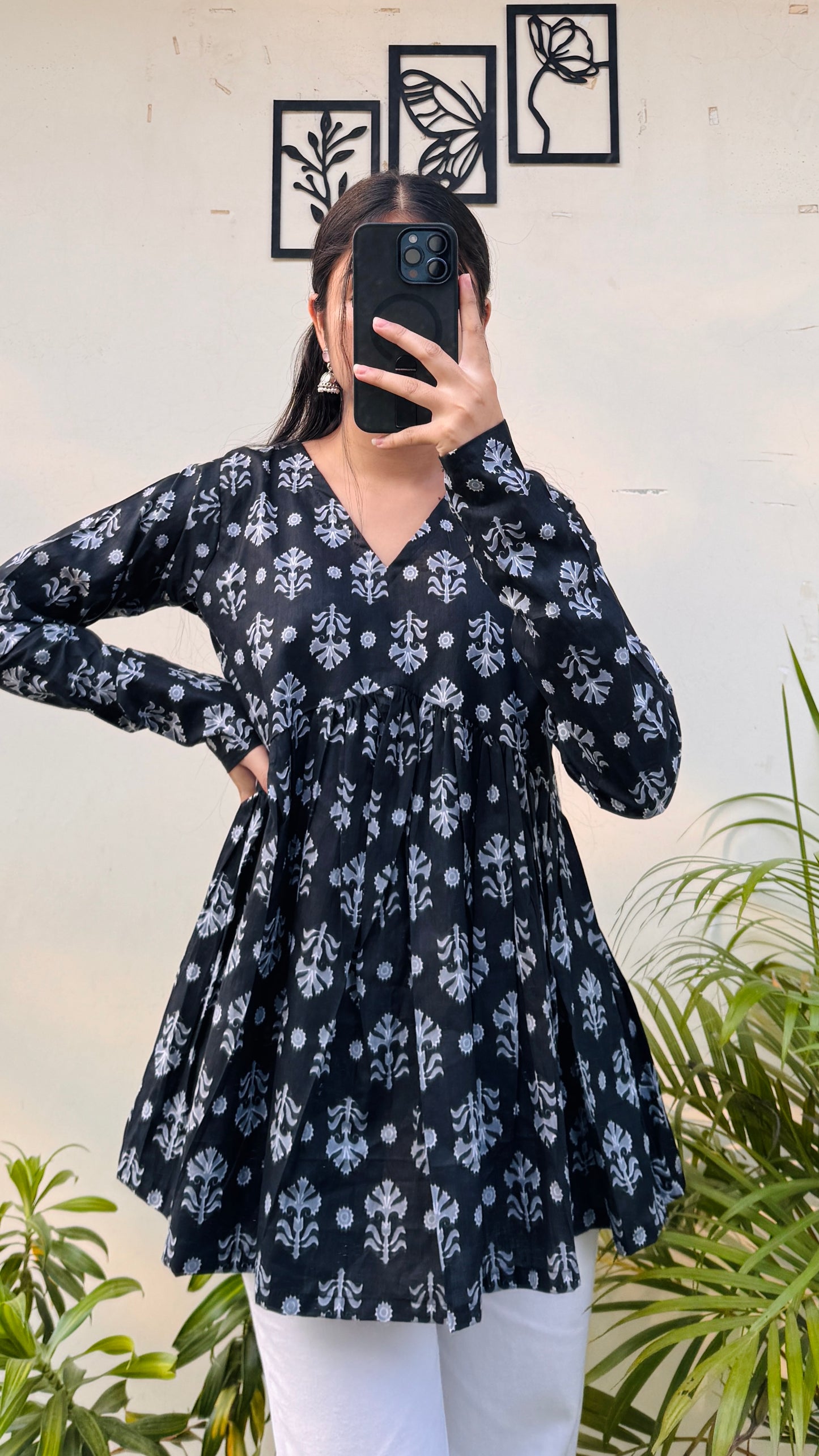 Cotton Black Flared Printed Aliacut Peplum Top