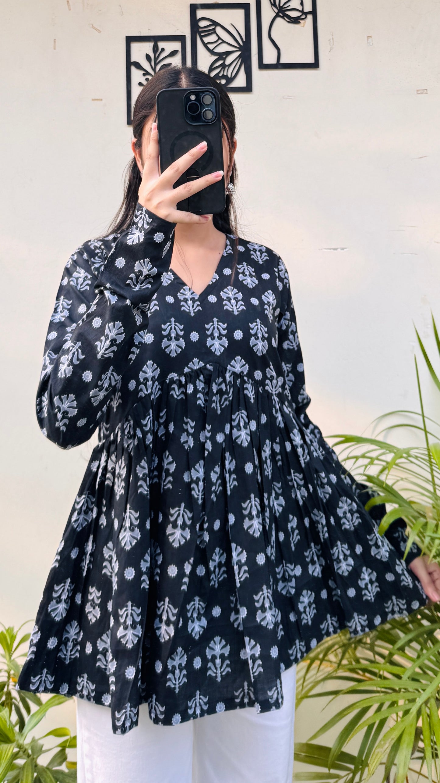 Cotton Black Flared Printed Aliacut Peplum Top