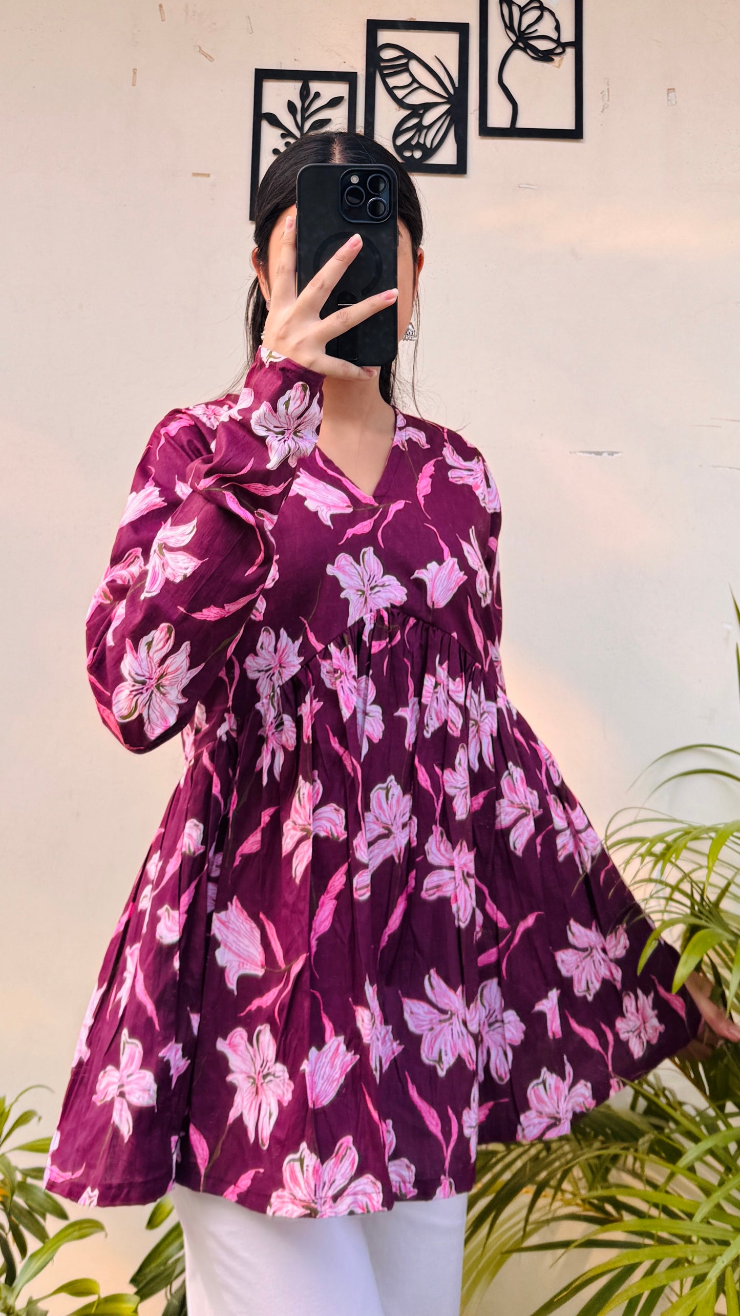 Cotton Wine Flared Printed Aliacut Peplum Top