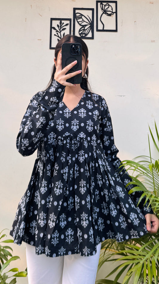 Cotton Black Flared Printed Aliacut Peplum Top