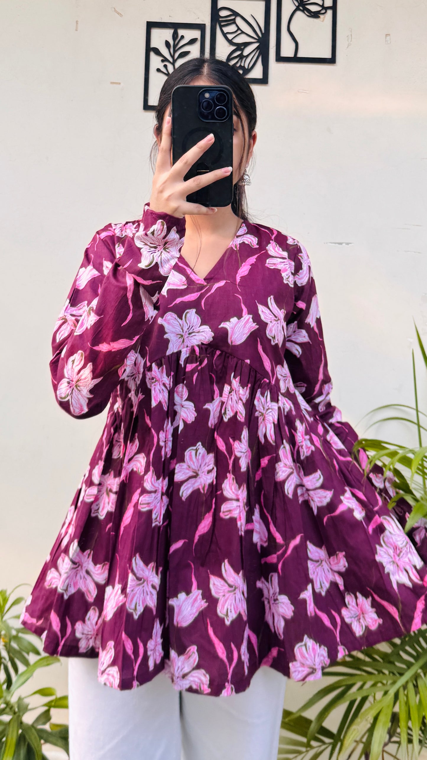 Cotton Wine Flared Printed Aliacut Peplum Top