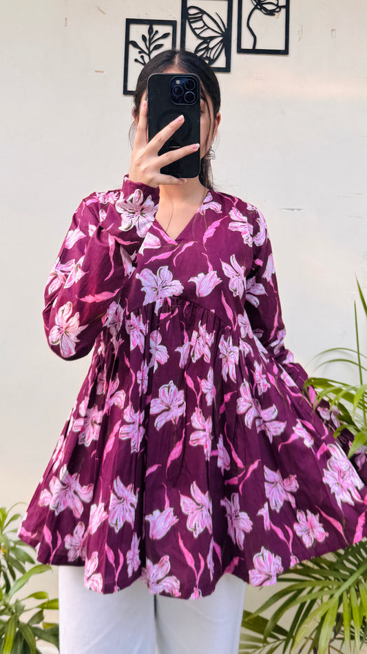 Cotton Wine Flared Printed Aliacut Peplum Top