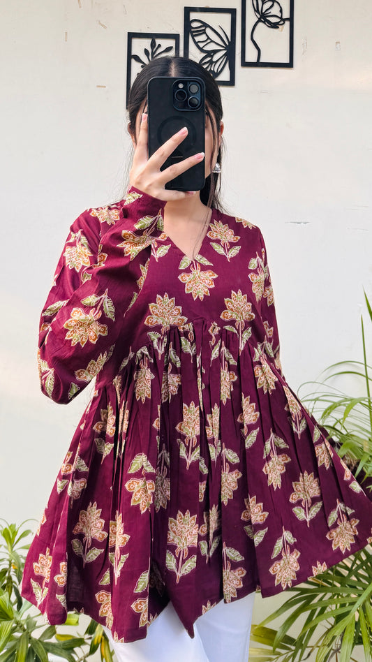 Cotton Maroon Flared Printed Aliacut Peplum Top