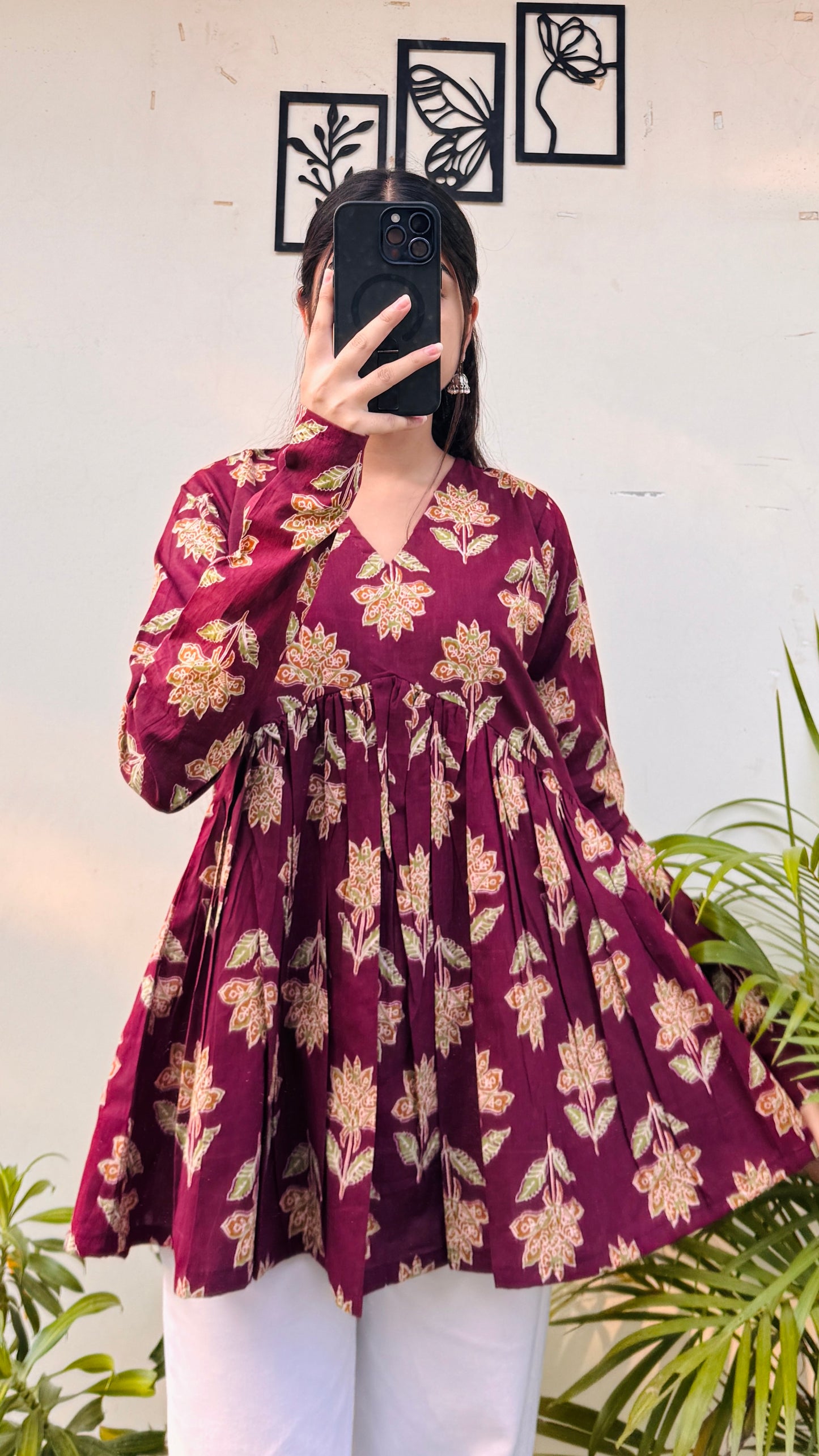 Cotton Maroon Flared Printed Aliacut Peplum Top