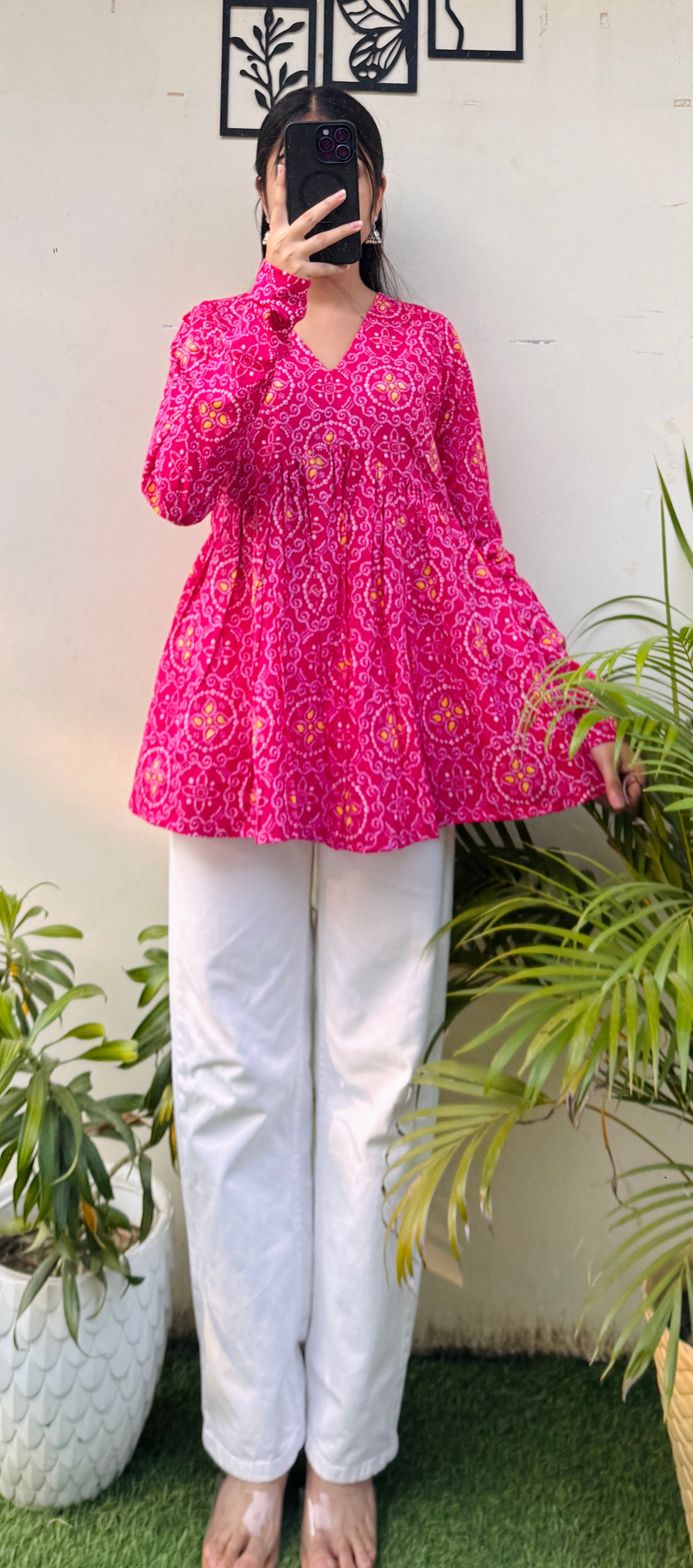 Cotton Dark Pink Flared Printed Aliacut Peplum Top