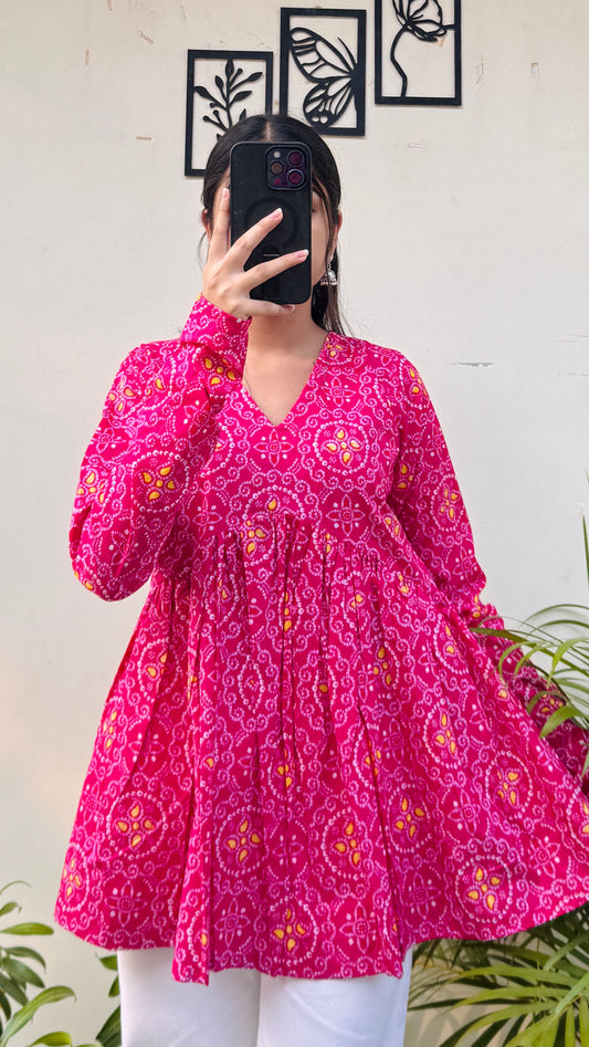 Cotton Dark Pink Flared Printed Aliacut Peplum Top