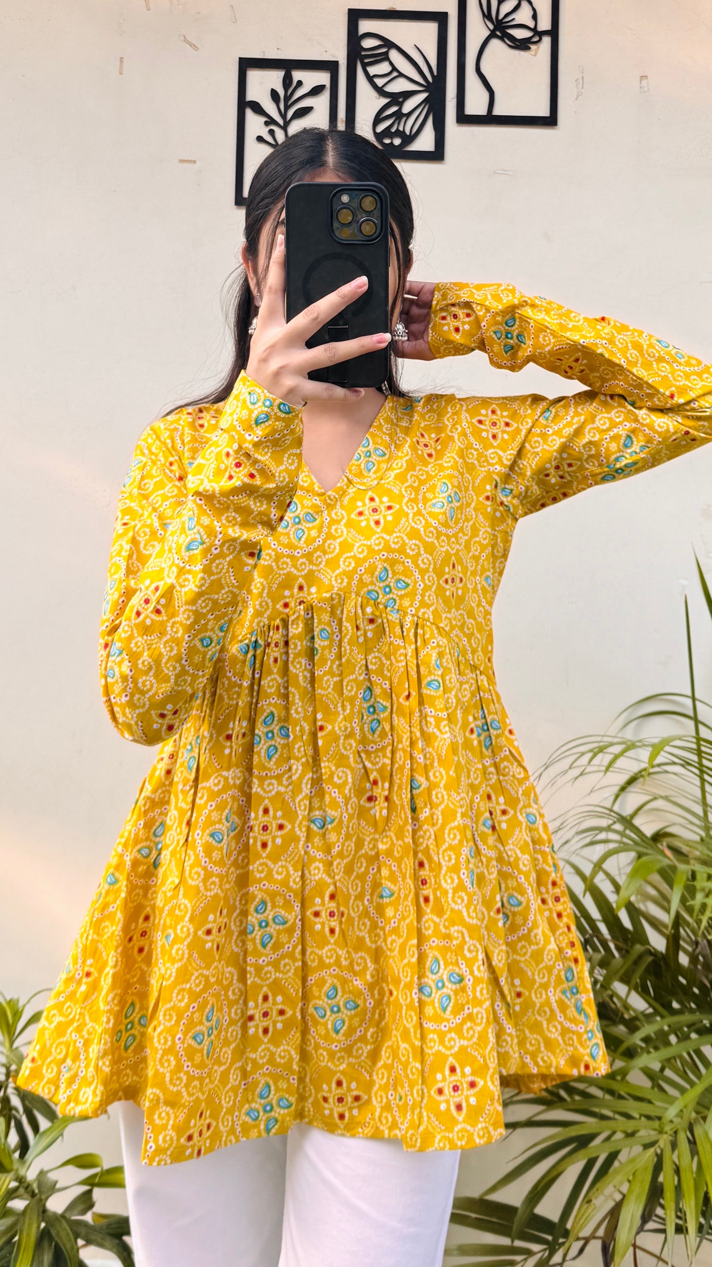 Cotton Yellow Flared Printed Aliacut Peplum Top