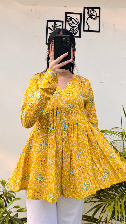 Cotton Yellow Flared Printed Aliacut Peplum Top