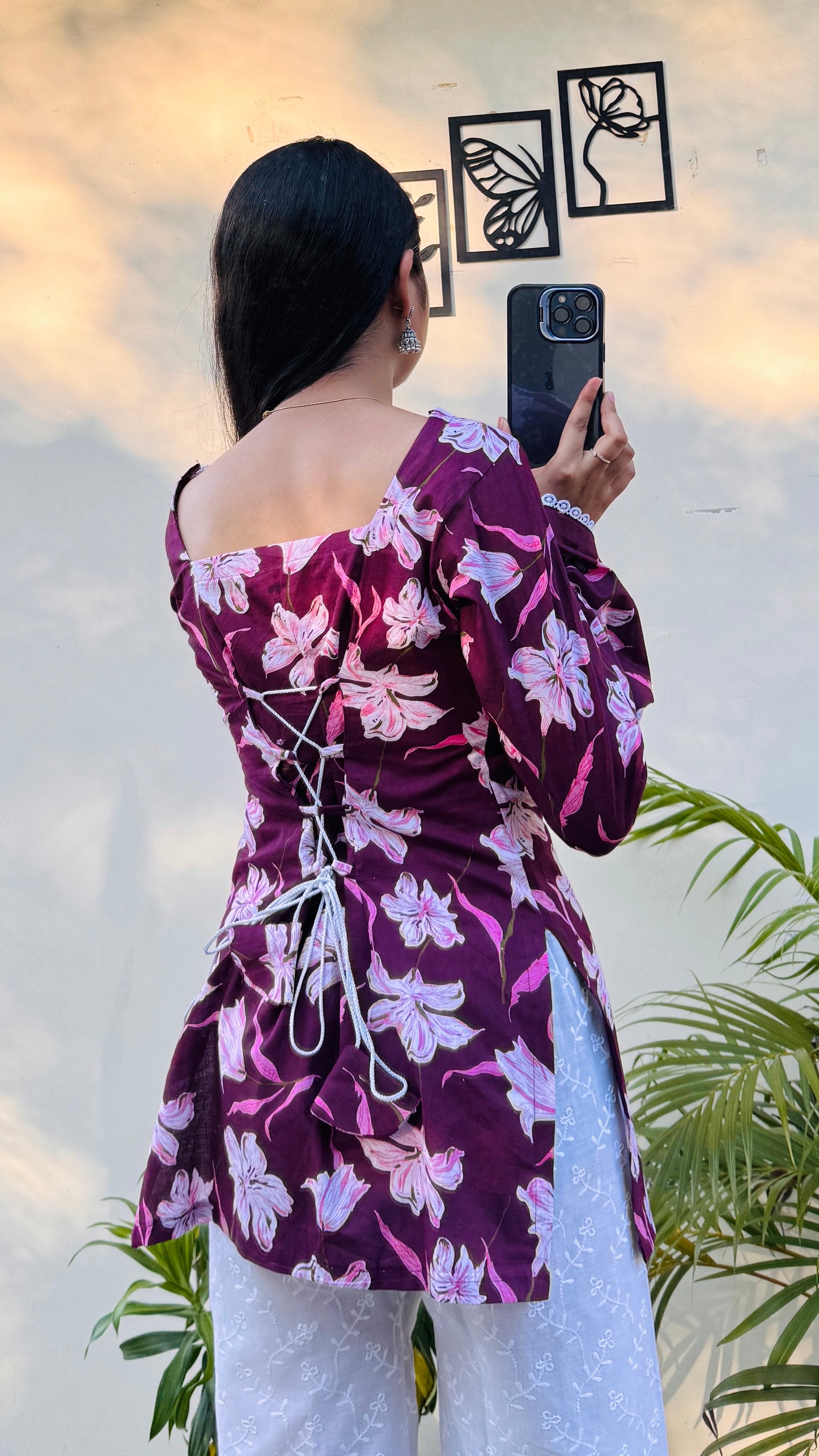 Cotton Wine Colour Square Neck Lace Detailing Corset Back Short Kurti