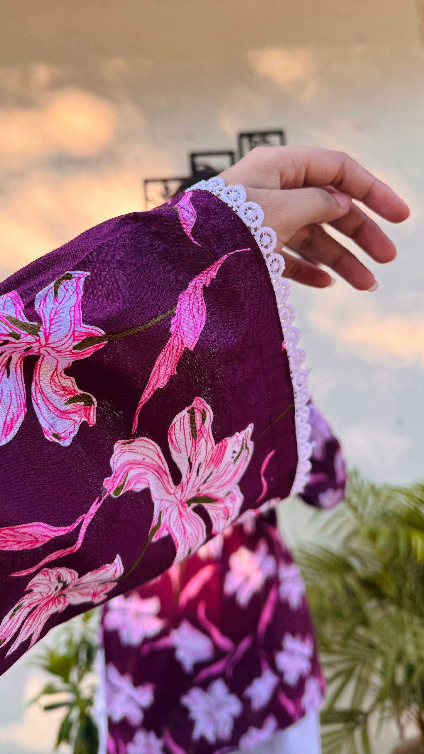 Cotton Wine Colour Square Neck Lace Detailing Corset Back Short Kurti