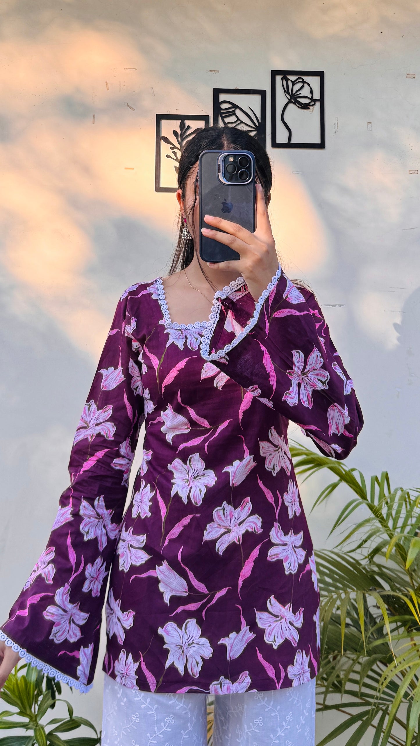 Cotton Wine Colour Square Neck Lace Detailing Corset Back Short Kurti