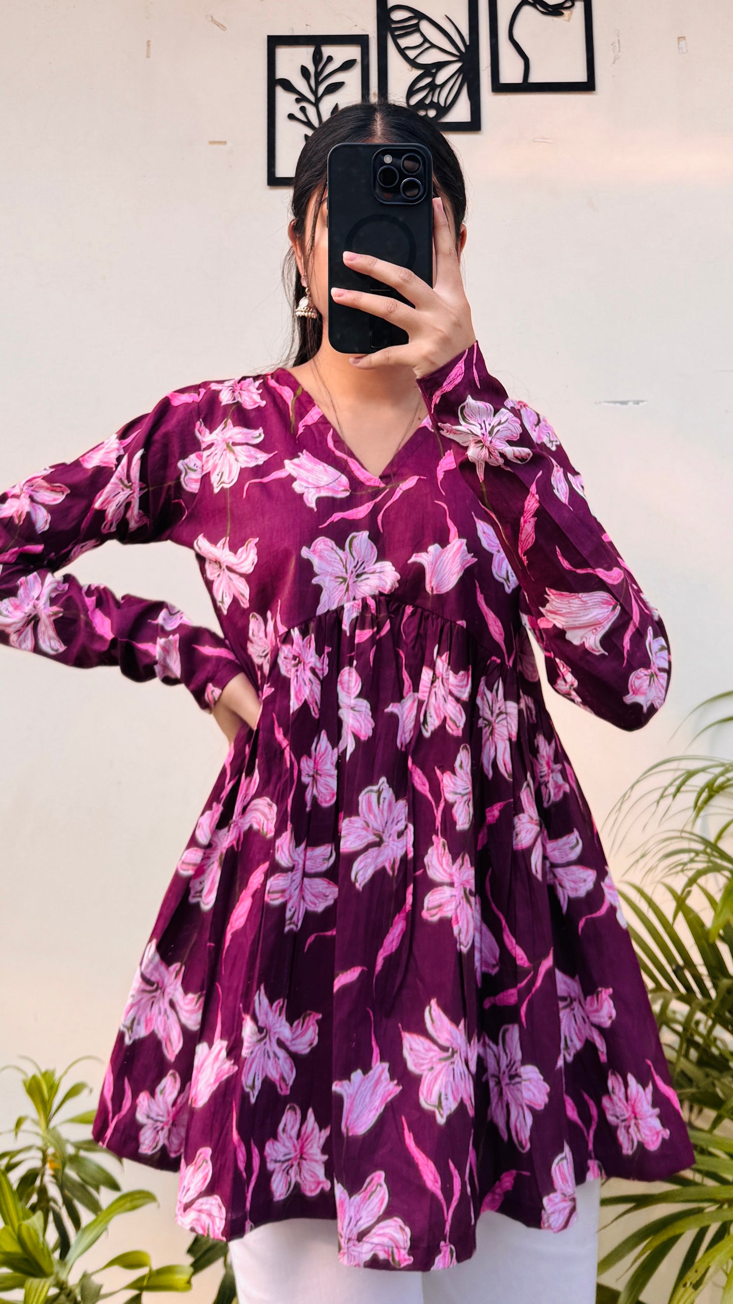 Cotton Wine Flared Printed Aliacut Peplum Top