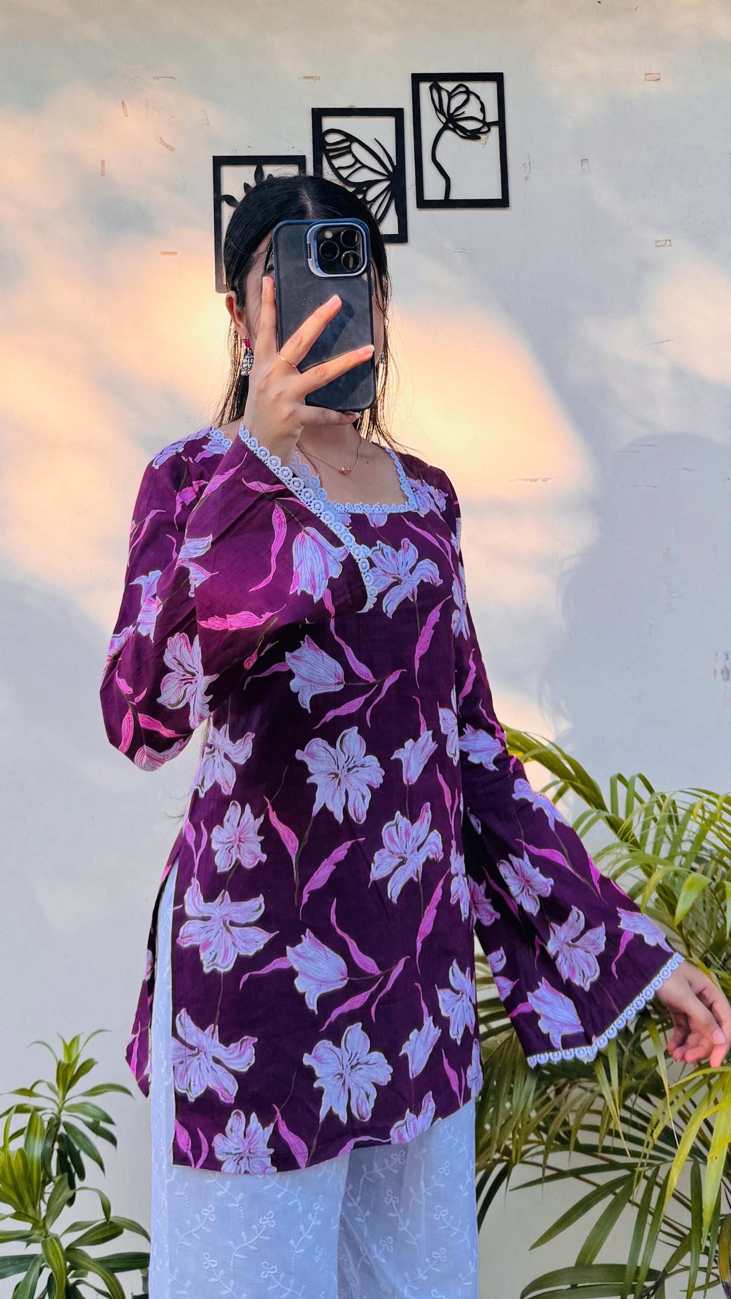 Cotton Wine Colour Square Neck Lace Detailing Corset Back Short Kurti