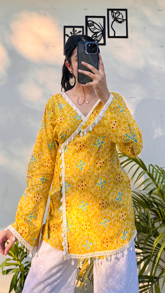 Cotton Bandhani Print Shells Detailing Angrakha Kurti