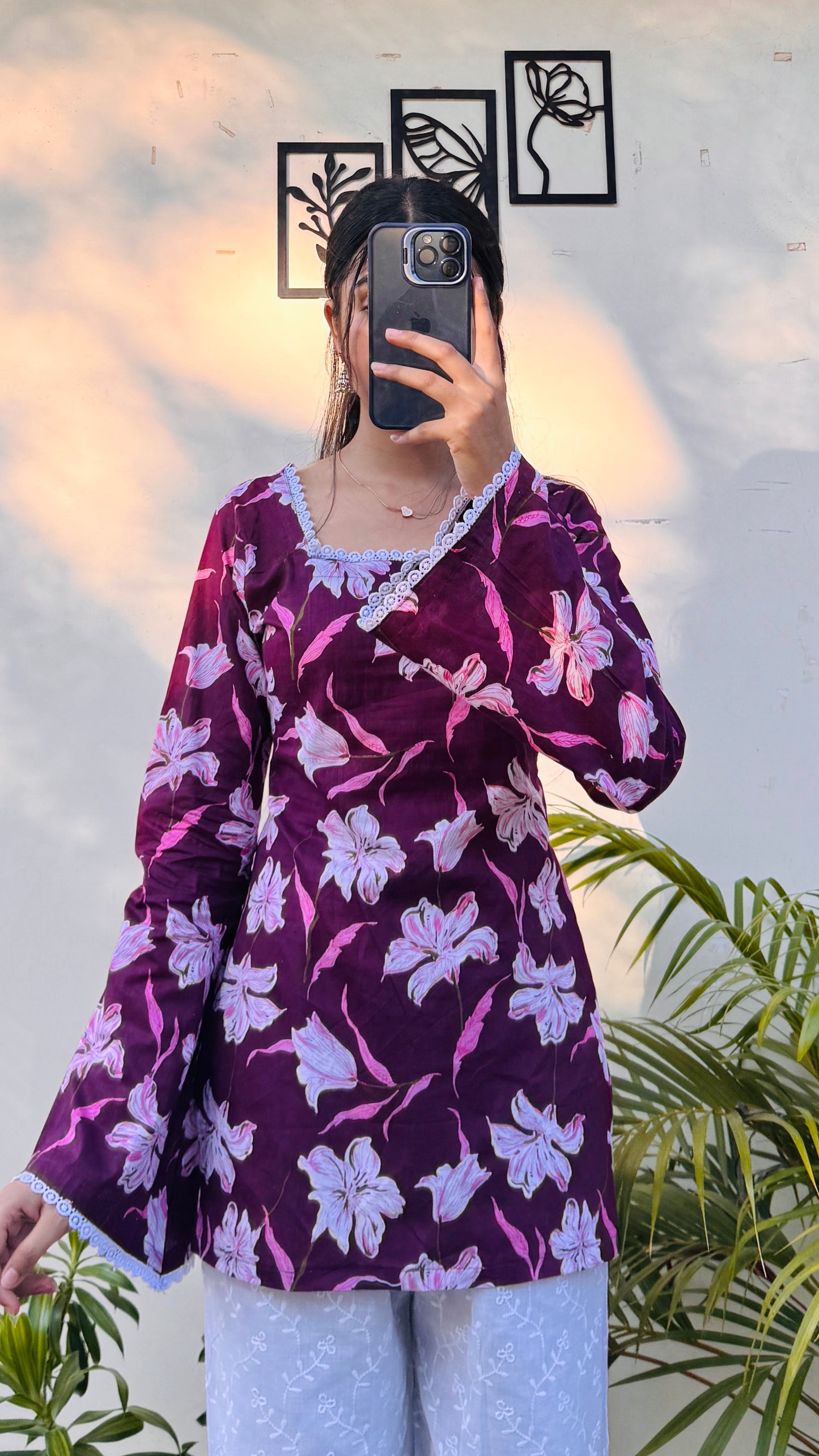 Cotton Wine Colour Square Neck Lace Detailing Corset Back Short Kurti