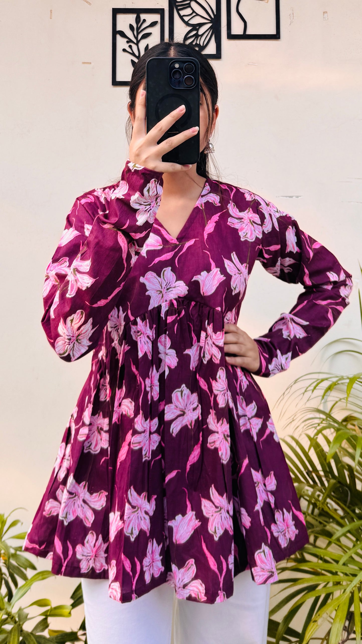 Cotton Wine Flared Printed Aliacut Peplum Top