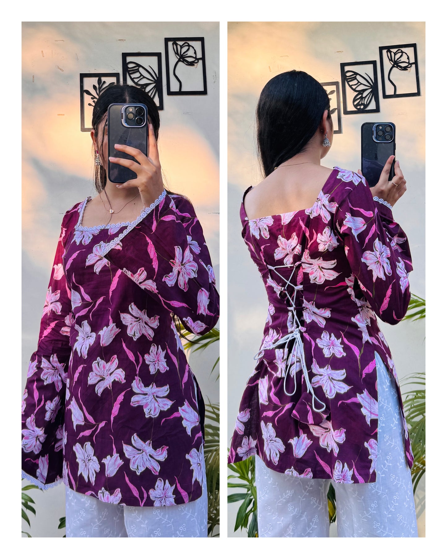 Cotton Wine Colour Square Neck Lace Detailing Corset Back Short Kurti