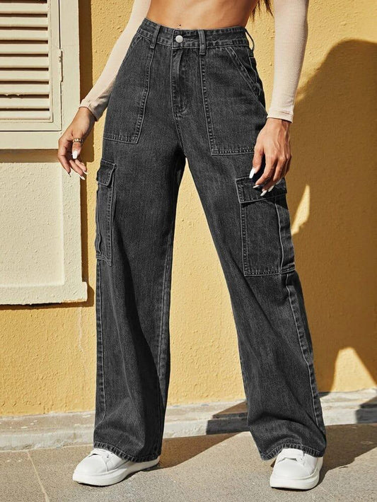 High Waist Six Pocket Charcoal Cargo Wide Leg Denim
