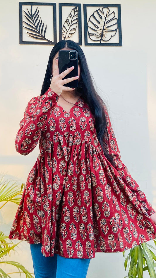 Cotton Flared Ajarakh Print Aliacut Peplum Top