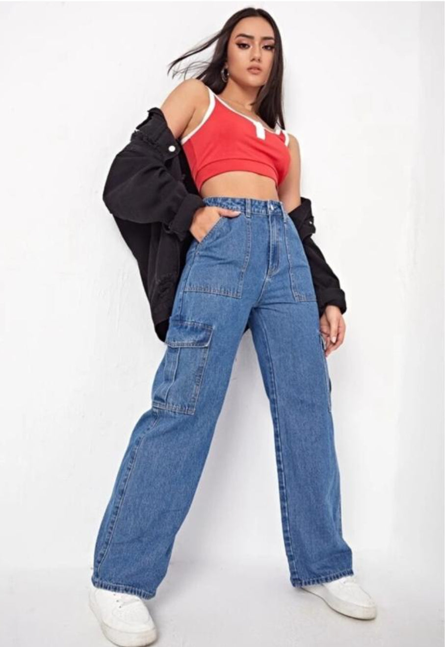 High Waist Six Pocket Stone Blue Cargo Wide Leg Denim