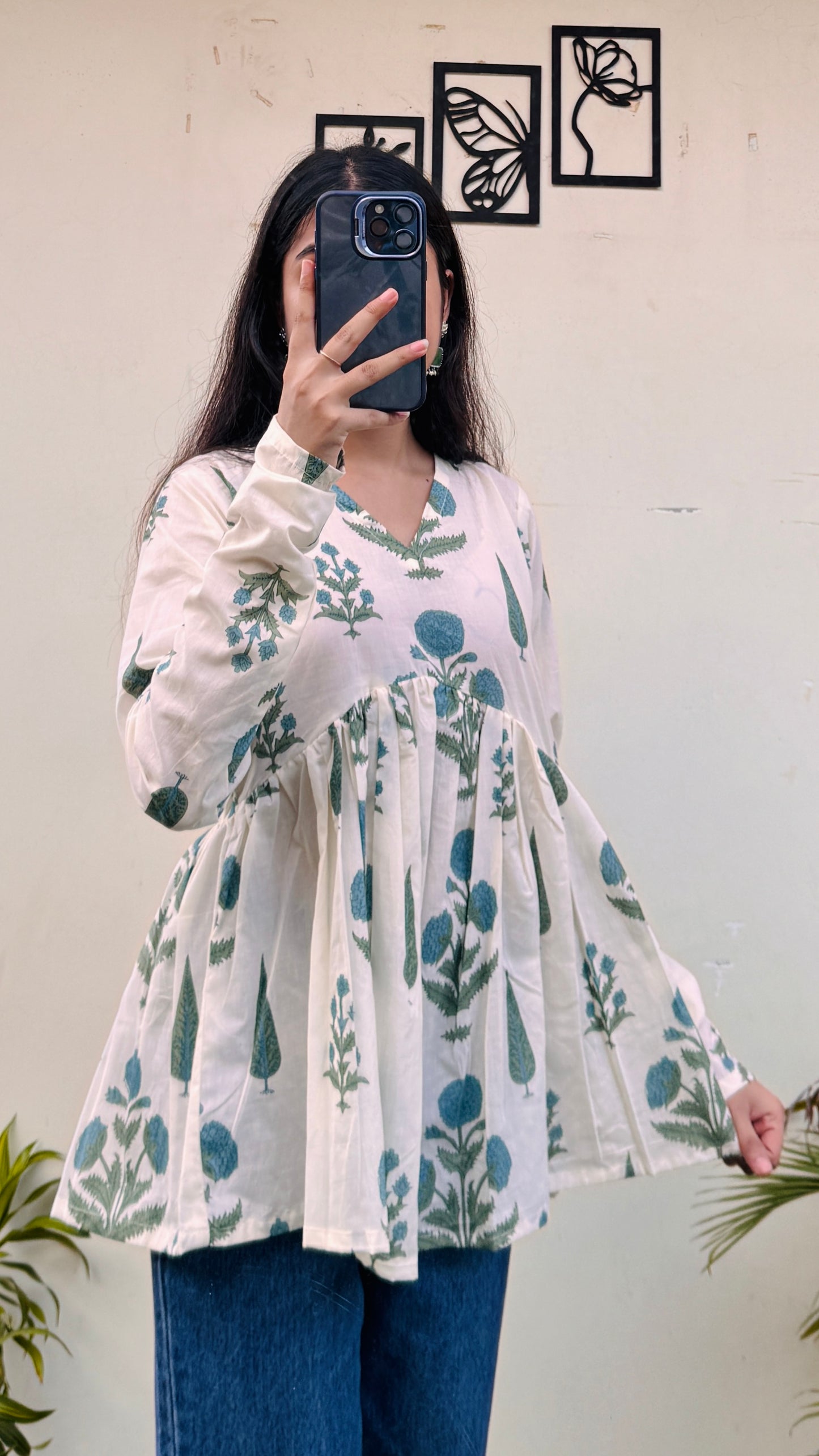 Cotton White Flared Printed Aliacut Peplum Top