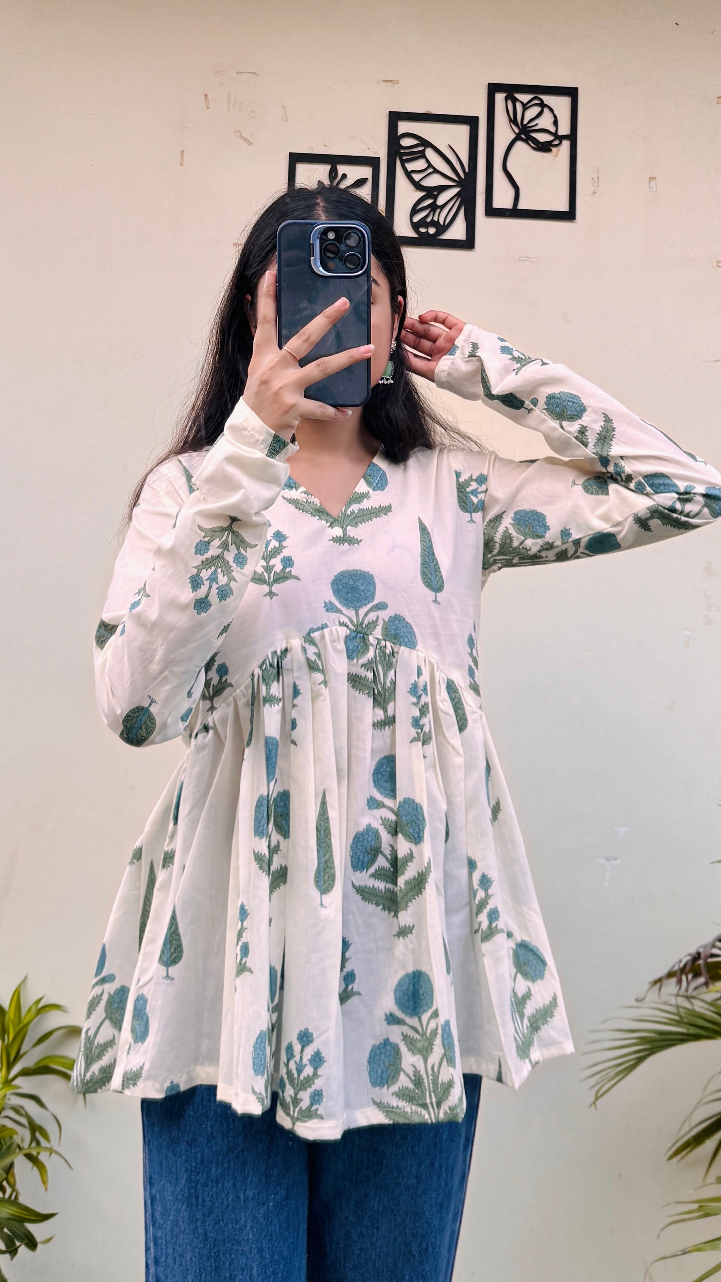 Cotton White Flared Printed Aliacut Peplum Top