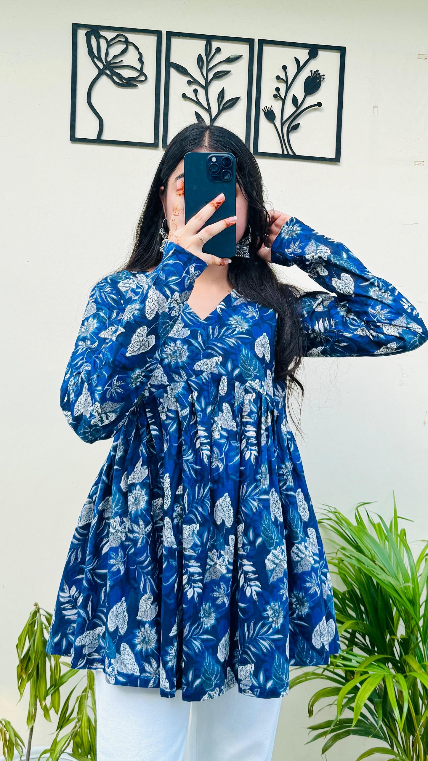 Cotton Flared Blue Floral Print Aliacut Peplum Top
